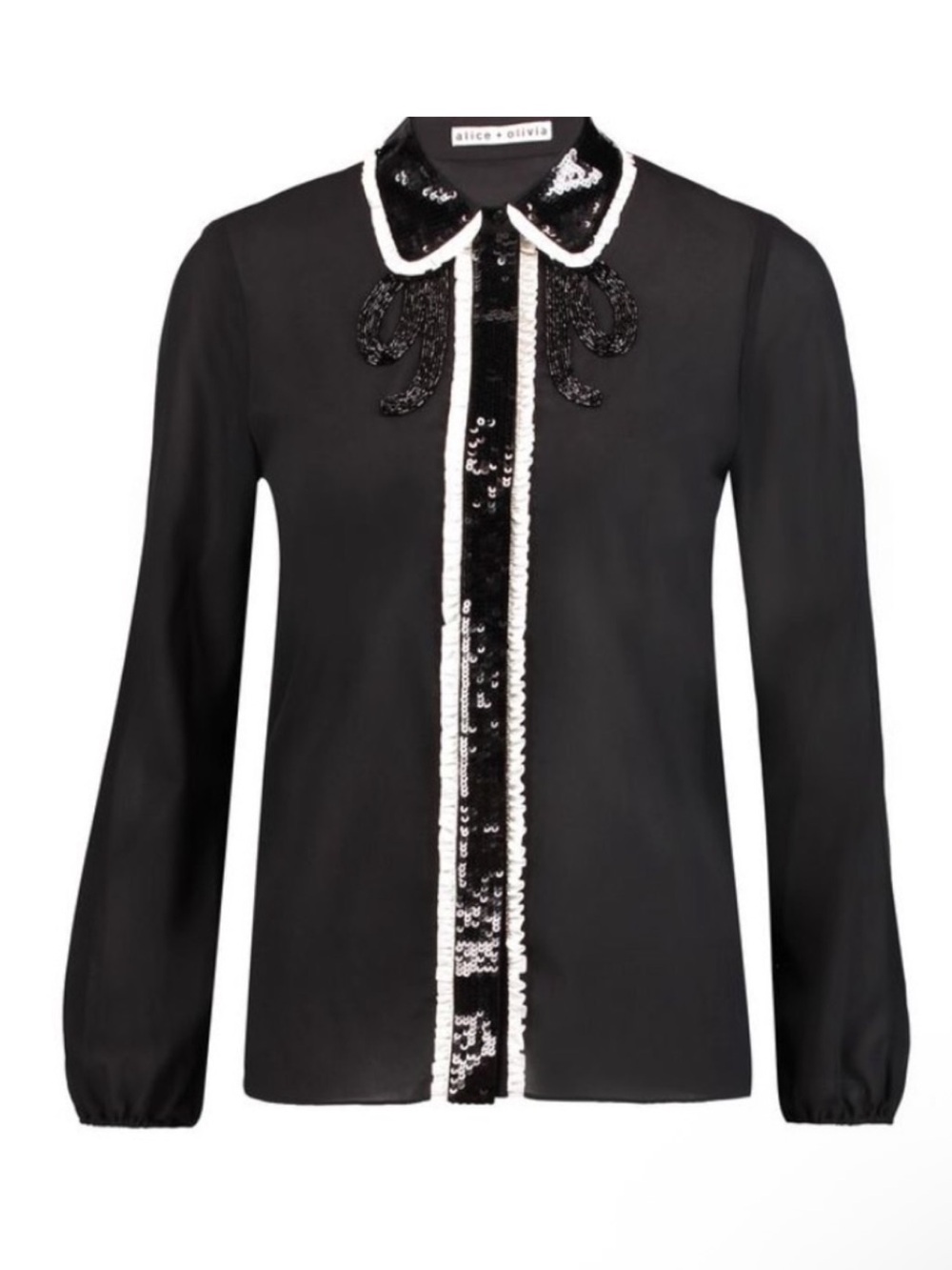 ALICE & OLIVIA GIGI Black Long-Sleeve Embellished Collar Blouse Sequin Medium